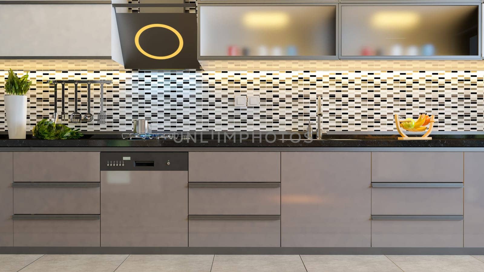 kitchen design black white ceramic with cappuccino furniture design 3D rendering