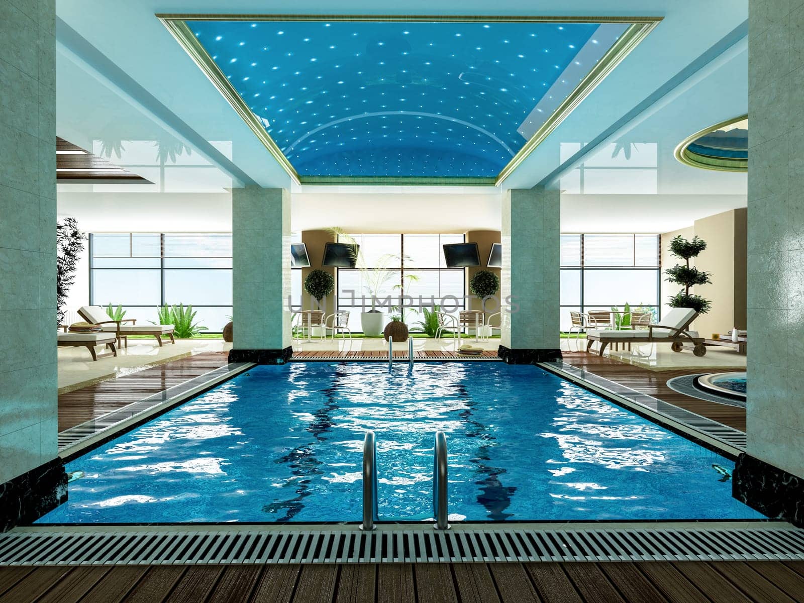 indoor swimming pool and wooden deck relax design idea
