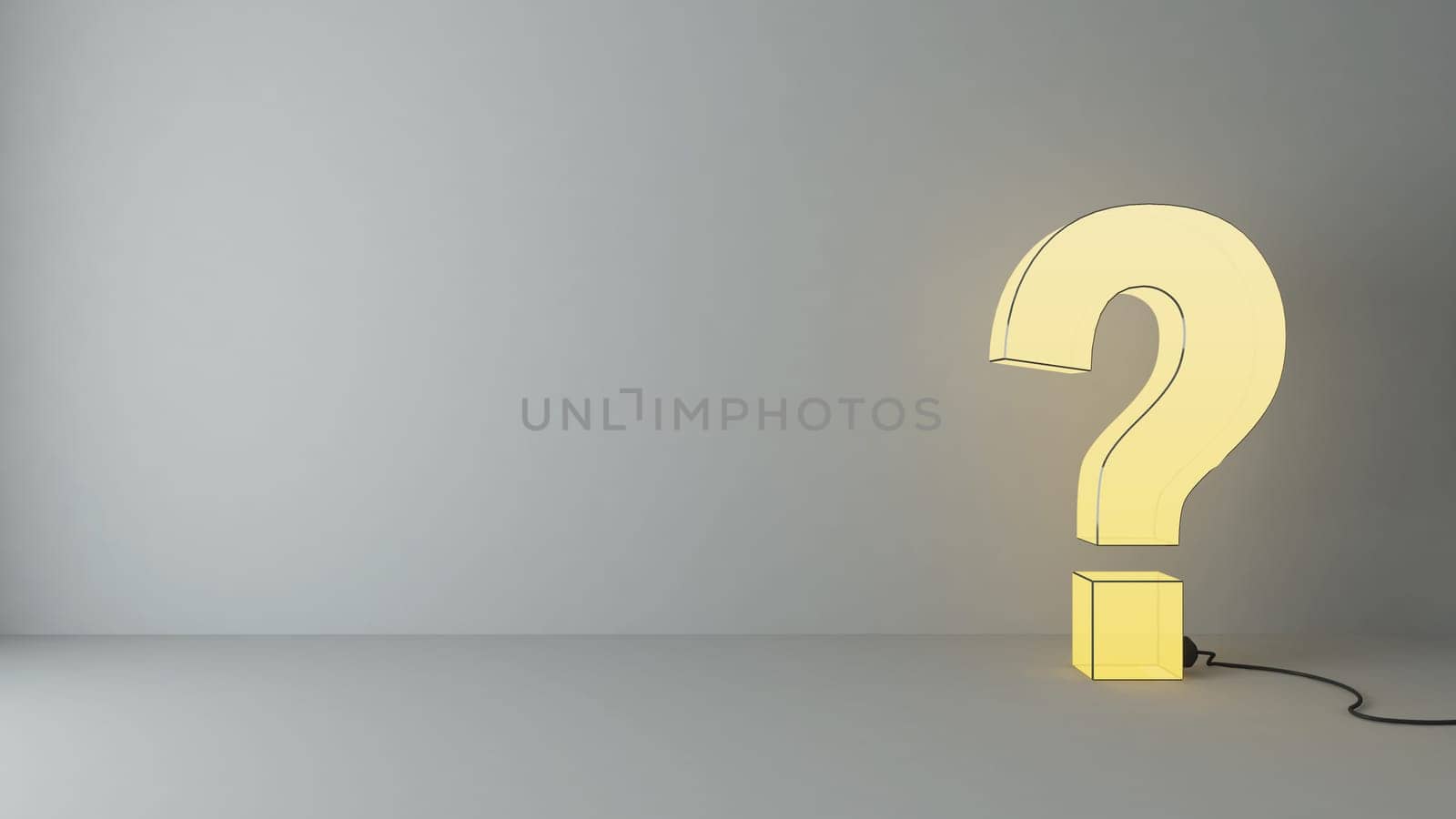 illuminated questions marks 3d render in the empty room with wall and under spot light