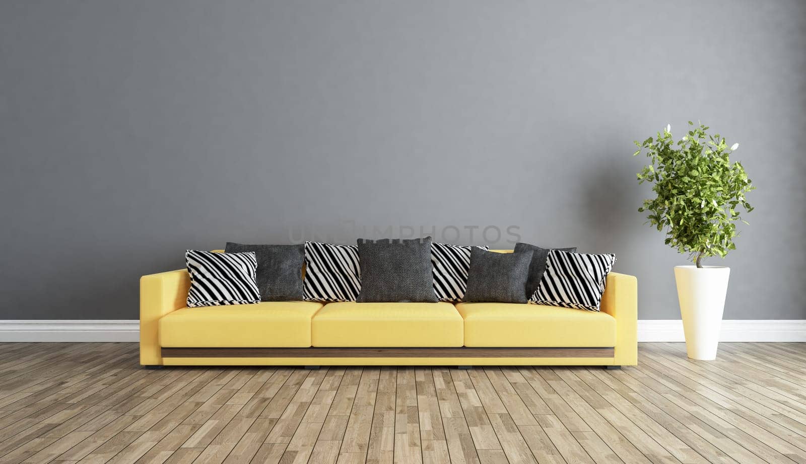 living room interior design with grey wall 3d rendering
