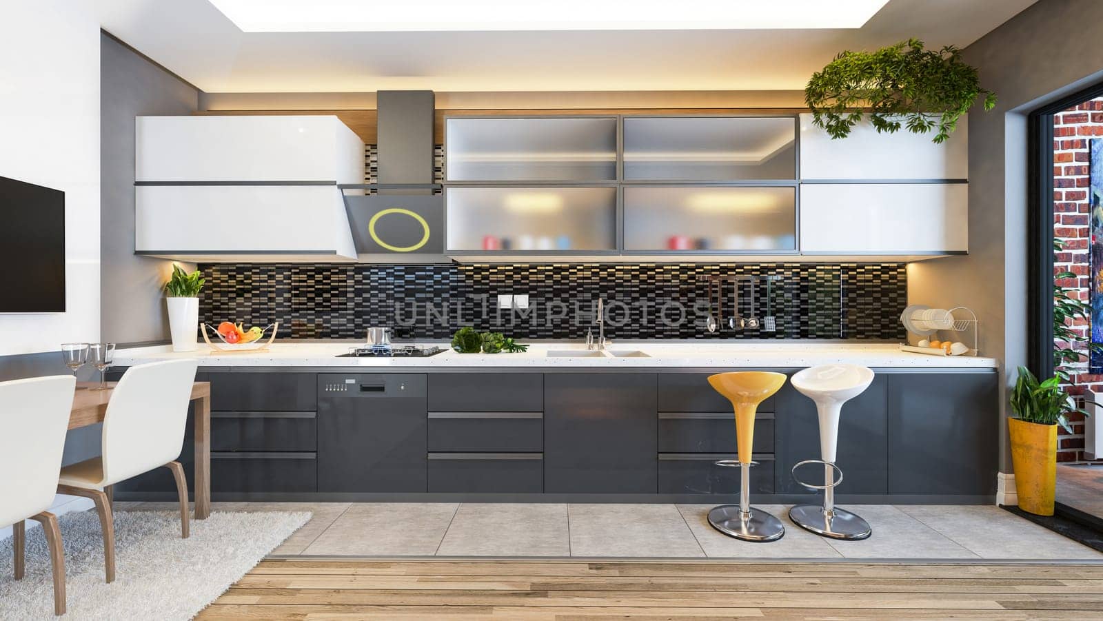 kitchen design black ceramic with fresh fruit and kitchen machines 3D rendering