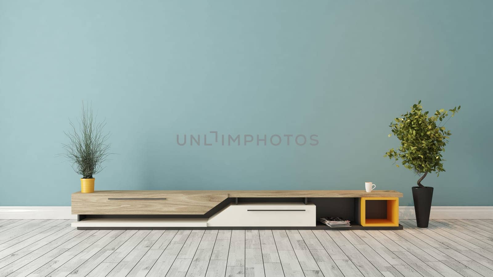 modern tv stand design with blue wall in the room decoration idea 3D rendering by Sedat SEVEN