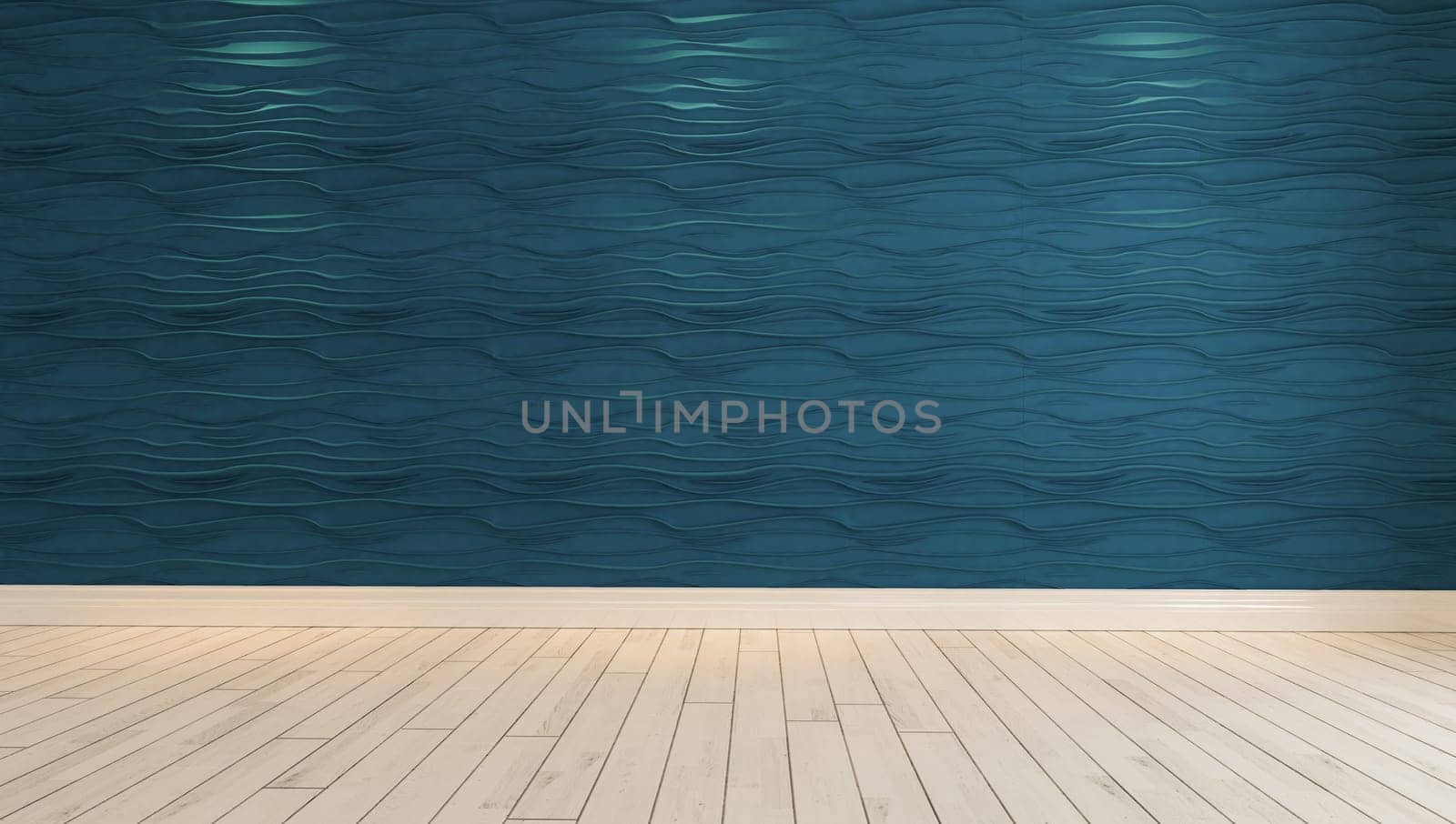 empty blue wave wall with spot light and parquet design idea 3D rendering by Sedat SEVEN