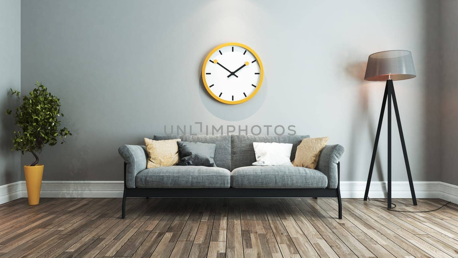 living room interior design with yellow and black seat and big yellow watch on wall 3D rendering