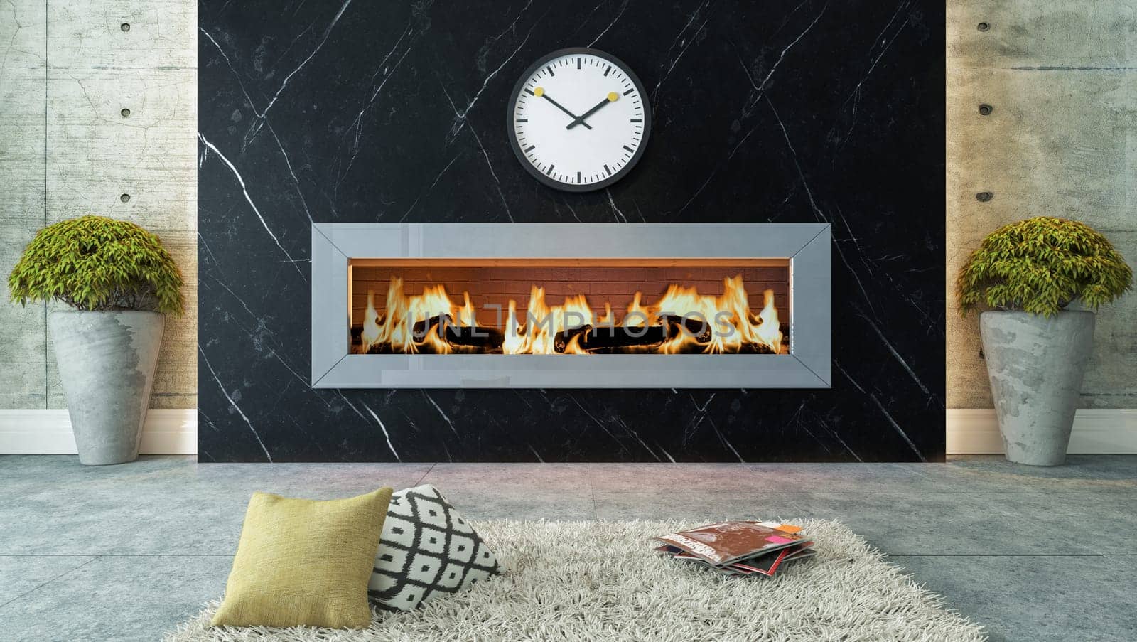 living room with black marble fireplace 3D design and rendering for your project 3D rendering