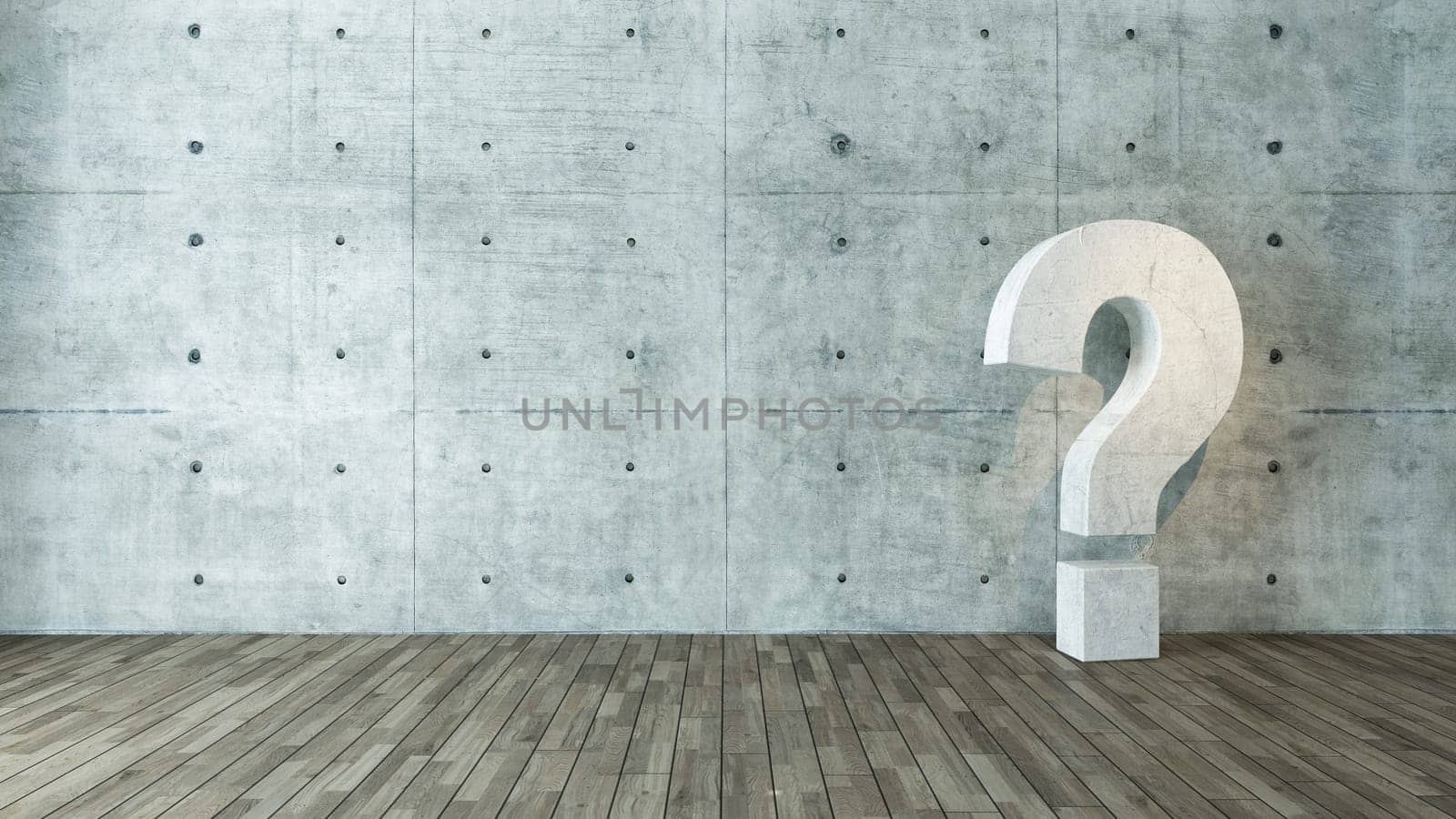 concrete questions marks 3d render in the empty room with concrete wall and under spot light