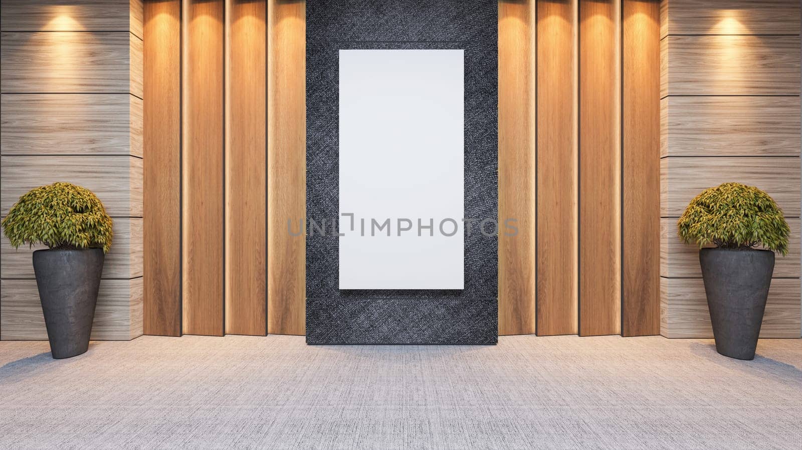 modern wooden panel wall decor design idea with plant and carpet 3D rendering by Sedat SEVEN