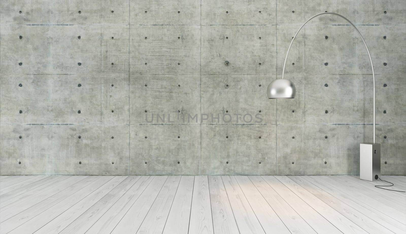 concrete wall and white wooden parquet decor like loft style with floor light, background, template design rendering