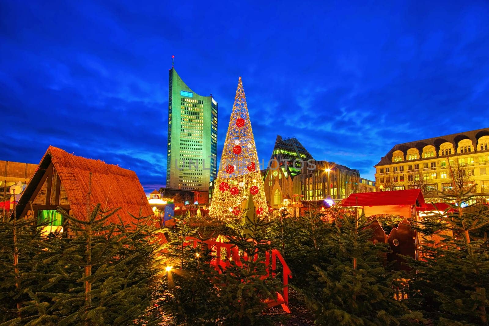 Leipzig Christmas market on Augustussquare in the evening, Germany
