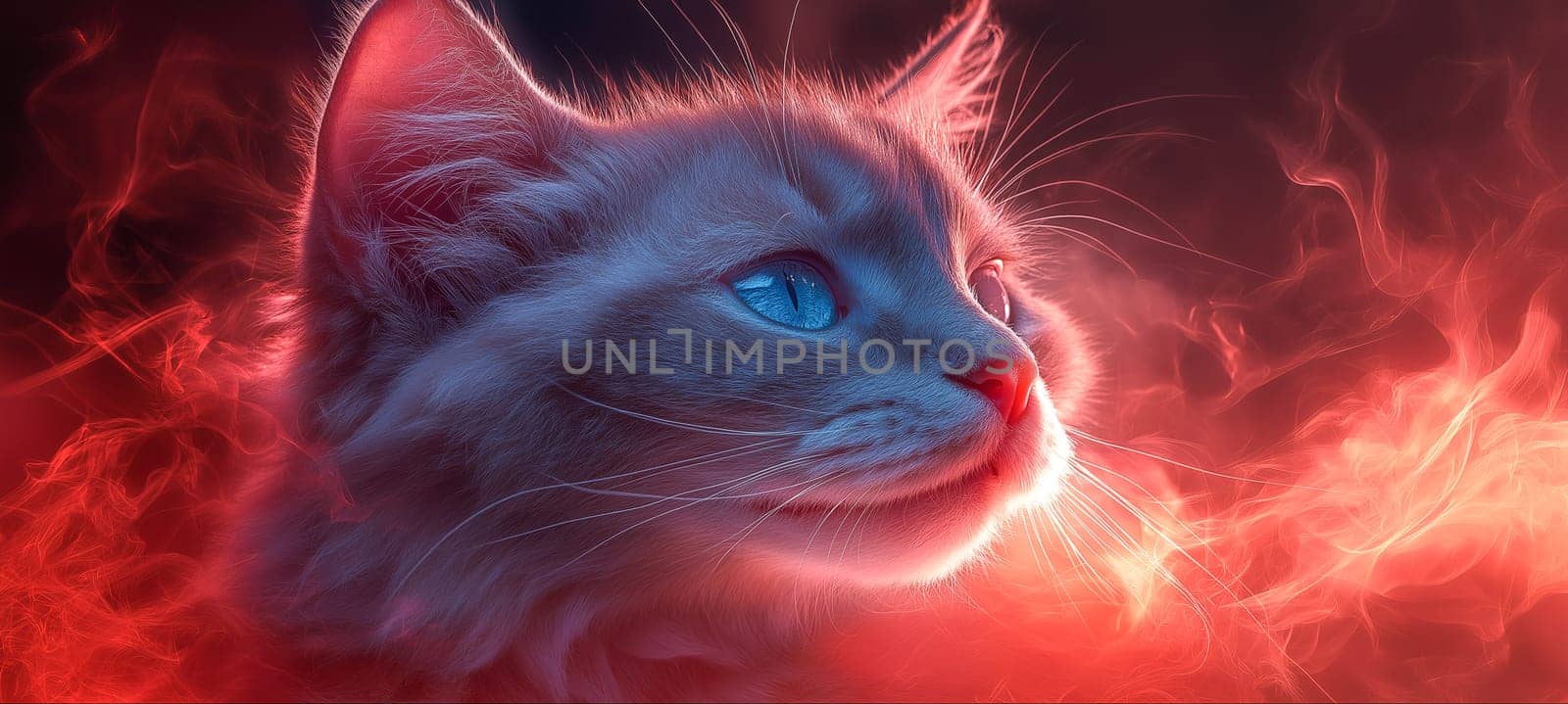 A cat, likely a Ragdoll, with striking blue eyes, gazes into a swirling vortex of red and blue smoke. The vibrant colors and artistic style suggest a fantasy or surreal scene.