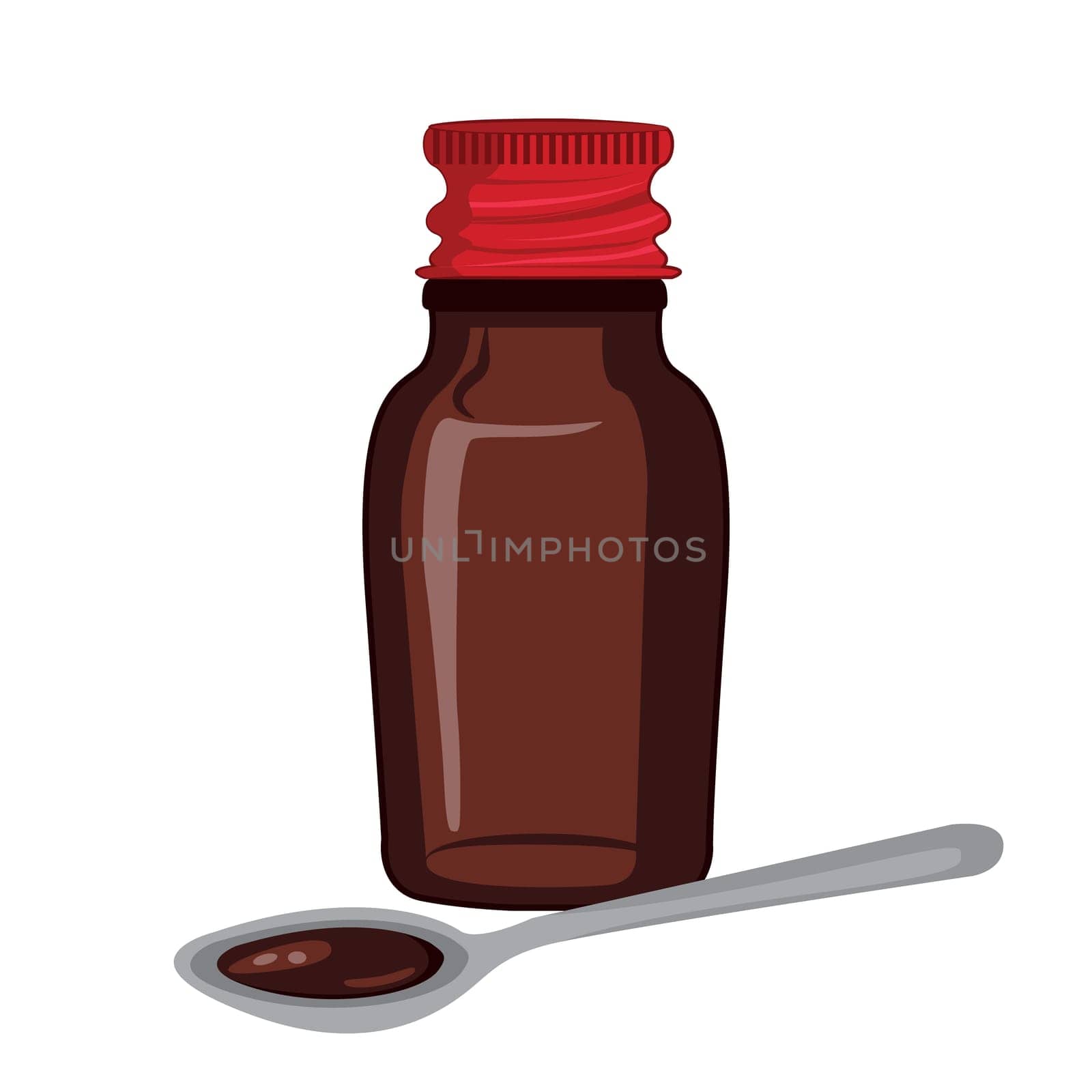 Bottle of medicine syrup and a spoon with remedy mixture vector illustration isolated on a white background