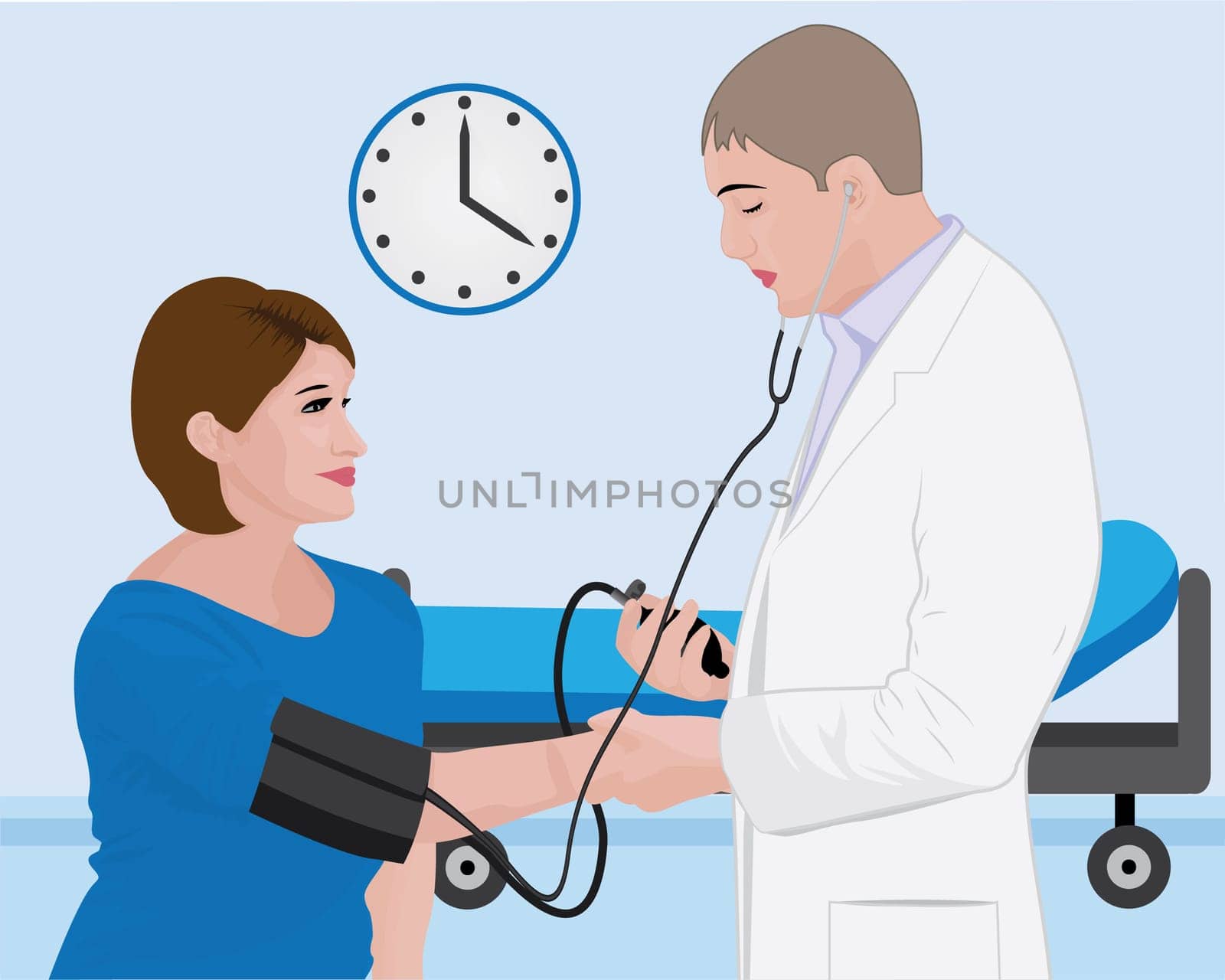 Blood pressure measuring cardio exam visit to a doctor vector illustration