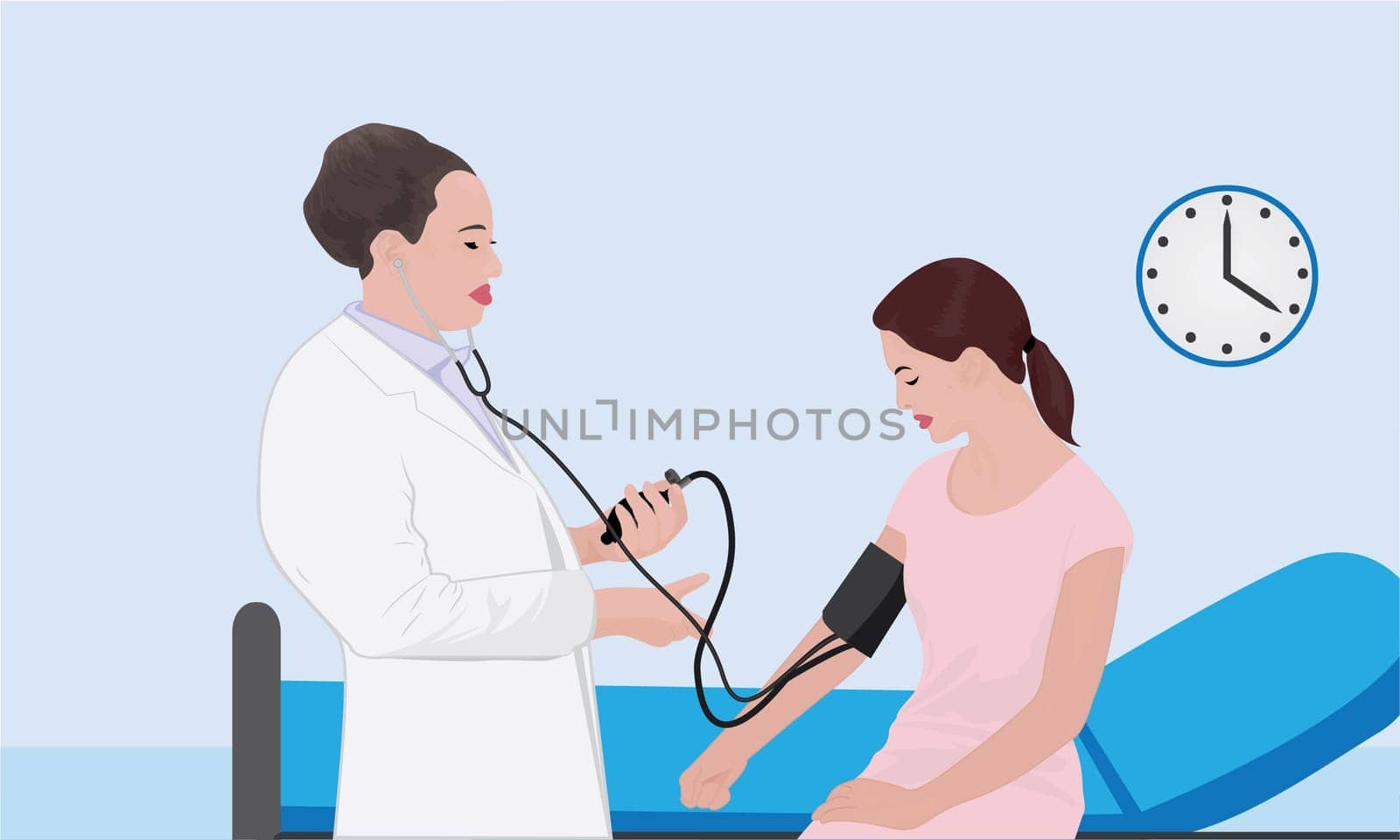 Blood pressure measuring cardio exam visit to a doctor vector illustration