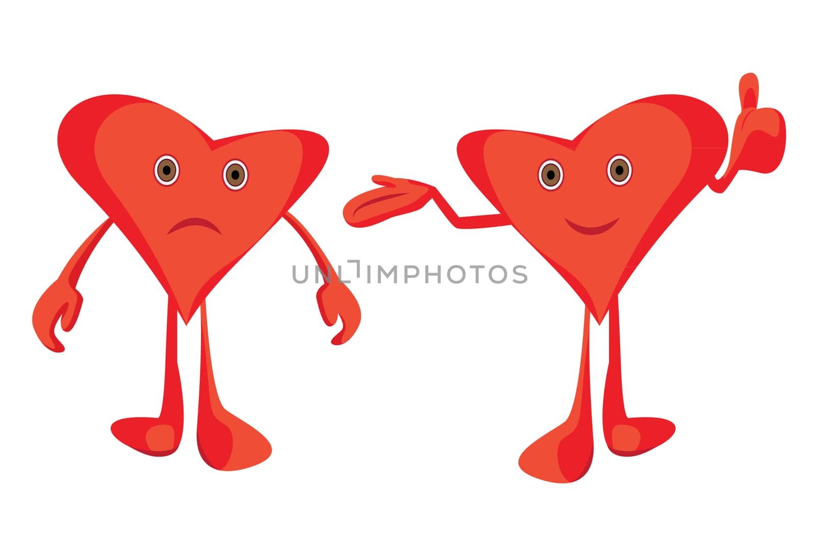 Tired exhausted unhappy heart and happy wellbeing heart recreation concept change emotions vector illustration on a white background