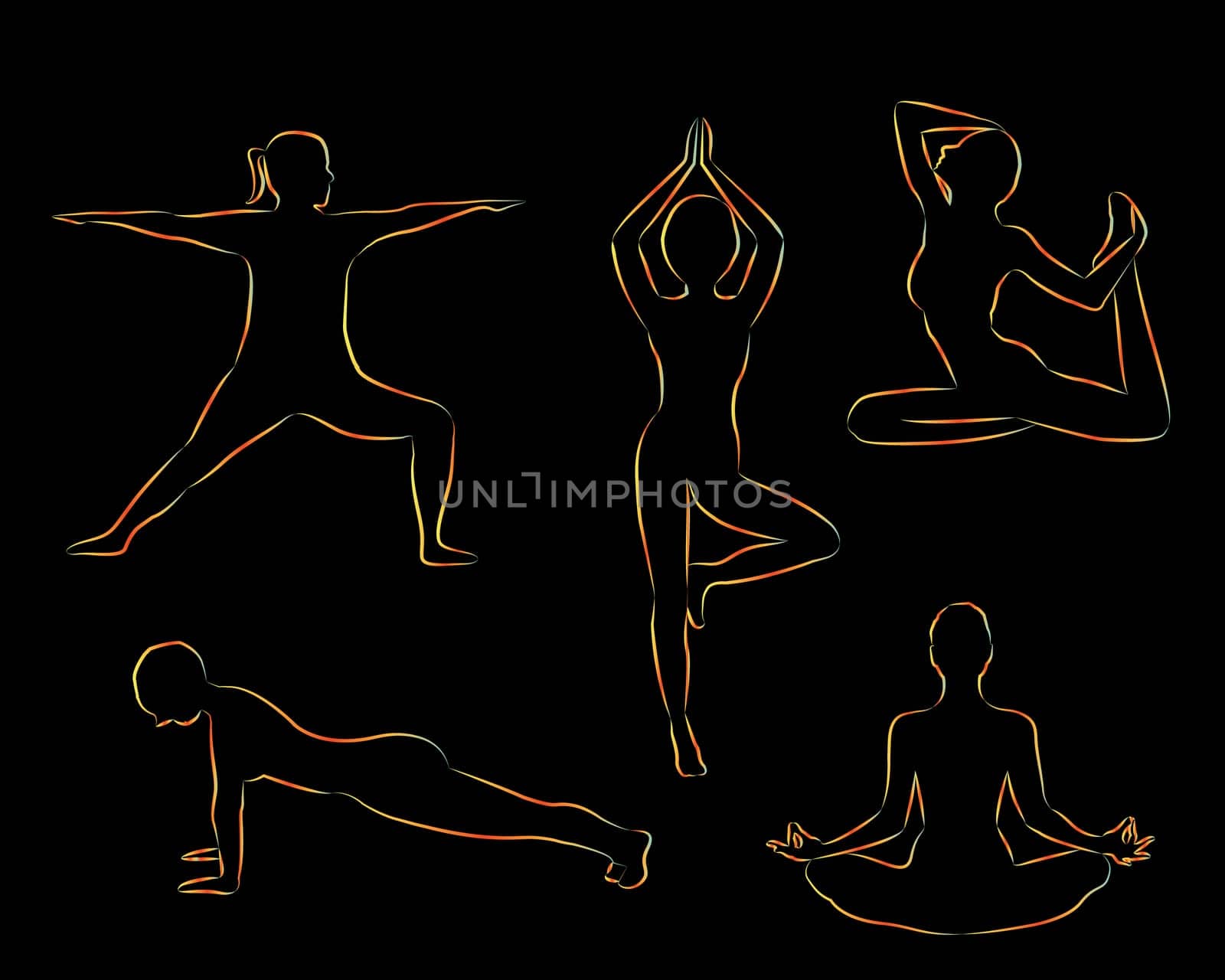 Women doing yoga excercises silhouettes vector illustration on a black background isolated. Activity outdoors meditation and relaxation. Active lifestile concept