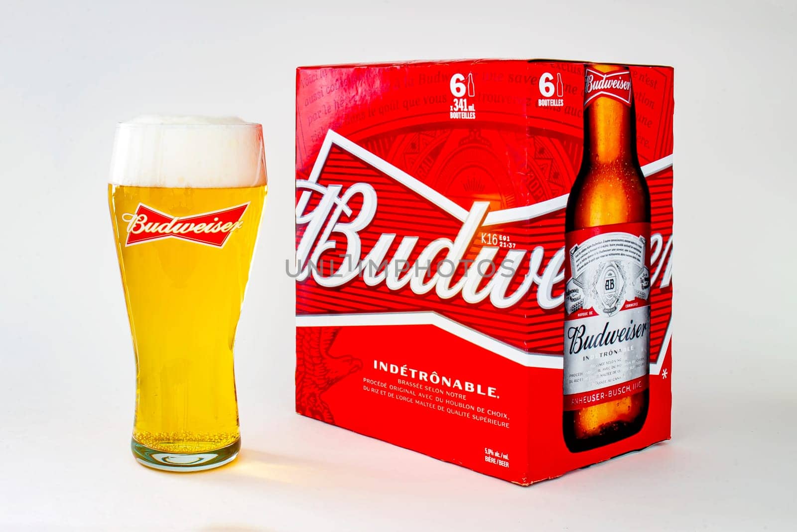 An isolated Budweiser beer pint and six pack beer on a white background