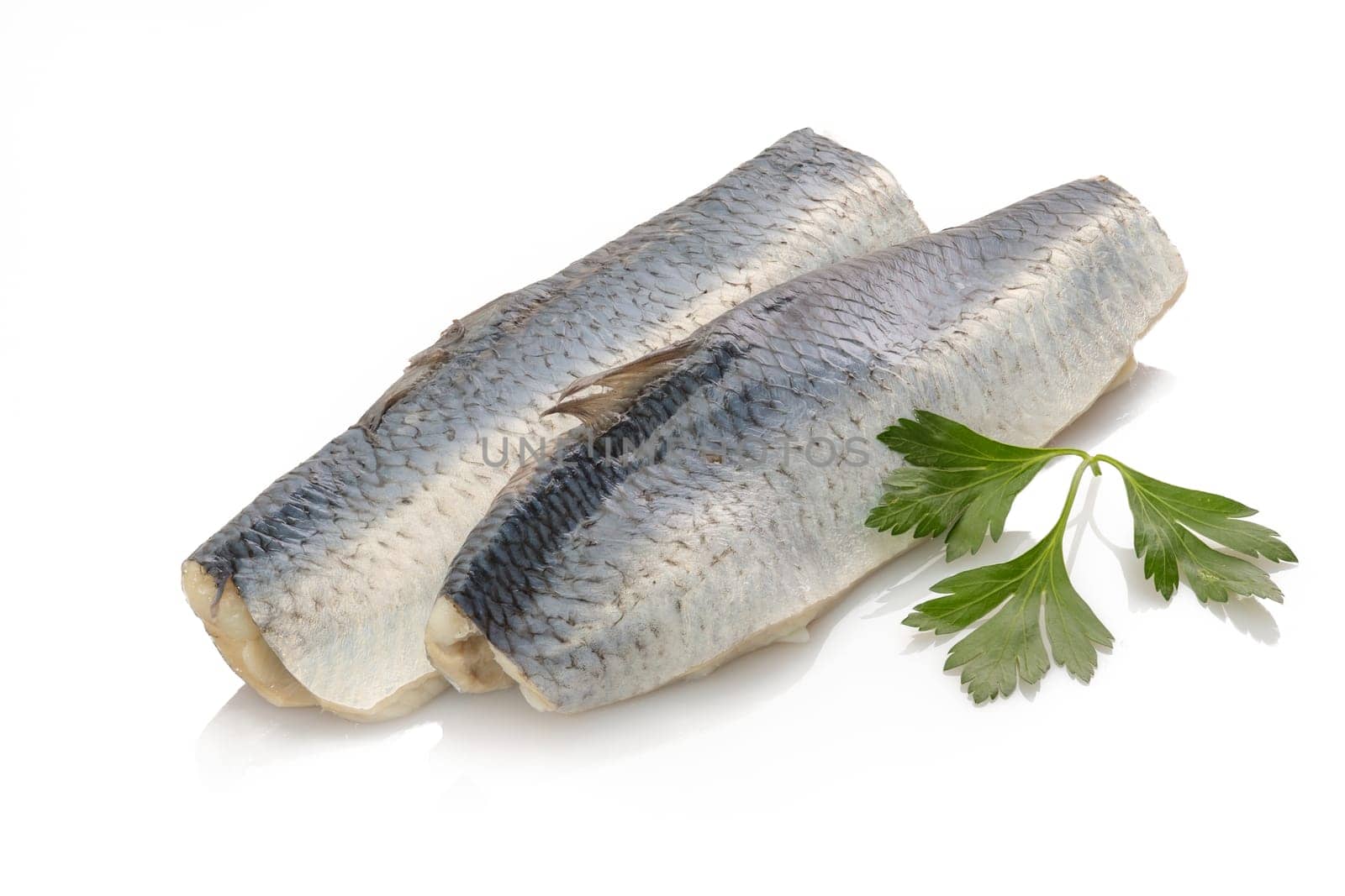 Pickled bismarck hering fish white isolated