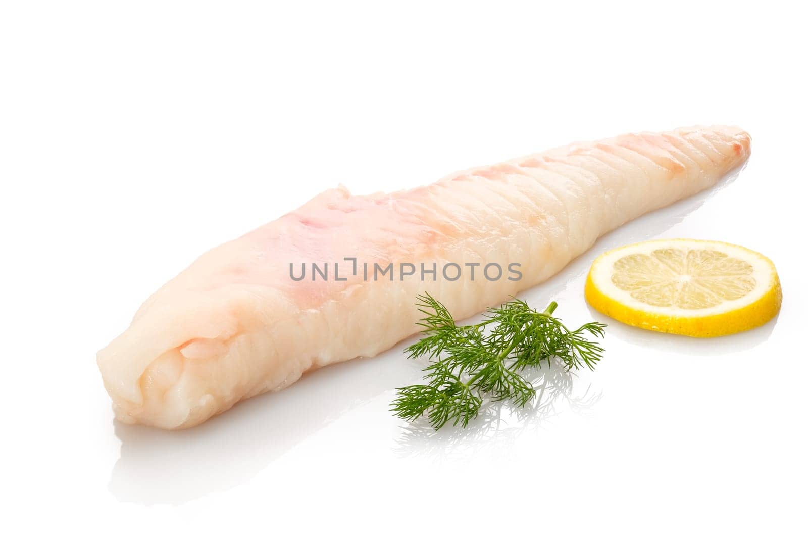 Monkfish filet raw with dill and lemon white isolated