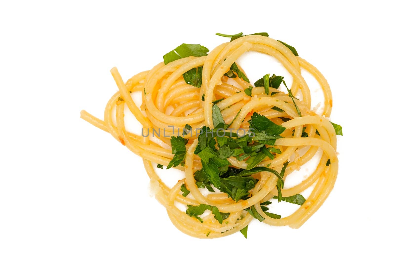 Spaghetti with parmesan cheese in top view white isolated