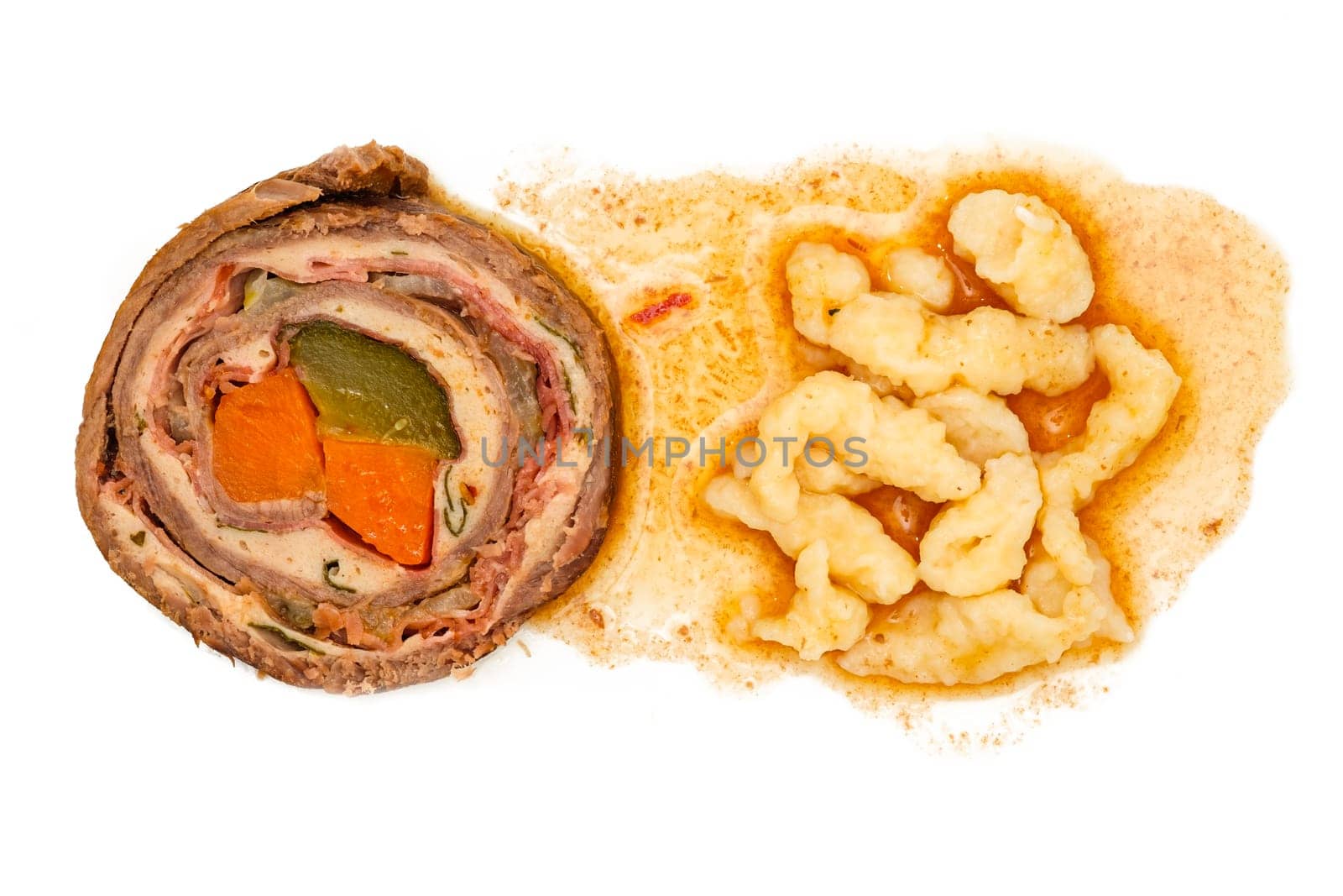 Beer roll and spaetzle noodles with sauce from above