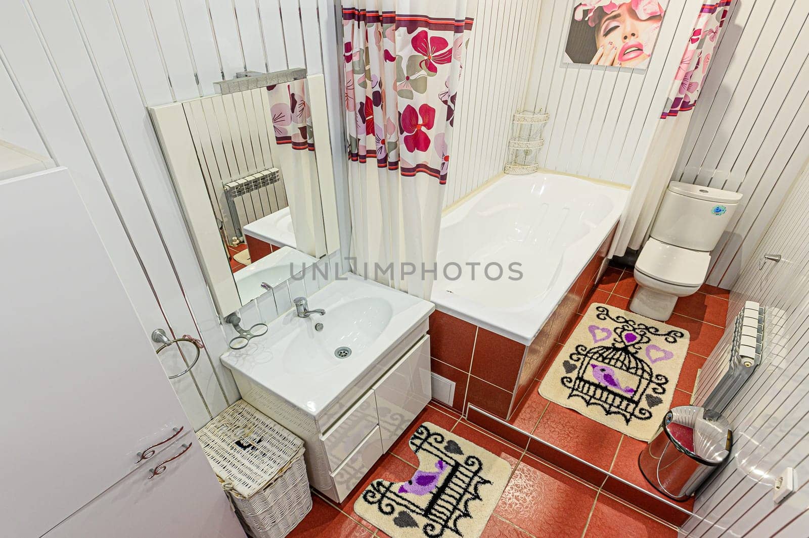 Russia, Moscow- December 05, 2019: interior room apartment modern bright cozy atmosphere. general cleaning, home decoration, bathroom, sink, decoration elements, toilet