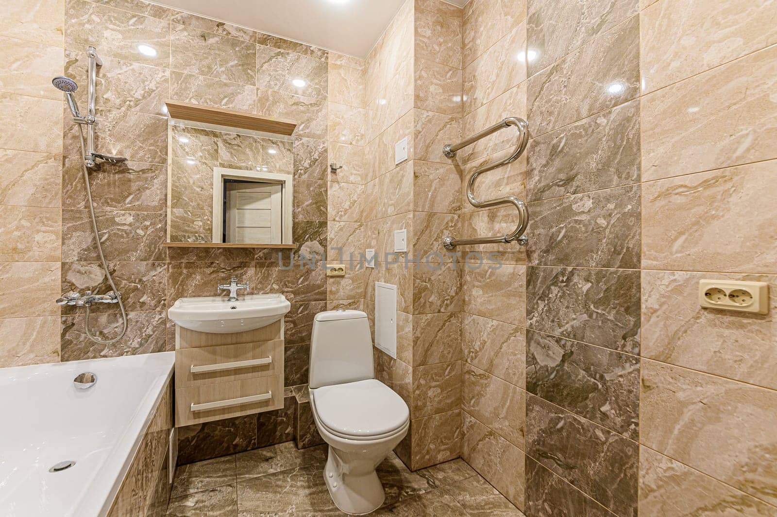 Russia, Moscow- December 05, 2019: interior room apartment modern bright cozy atmosphere. general cleaning, home decoration, preparation of house for sale. bathroom, sink, decoration elements, toilet.