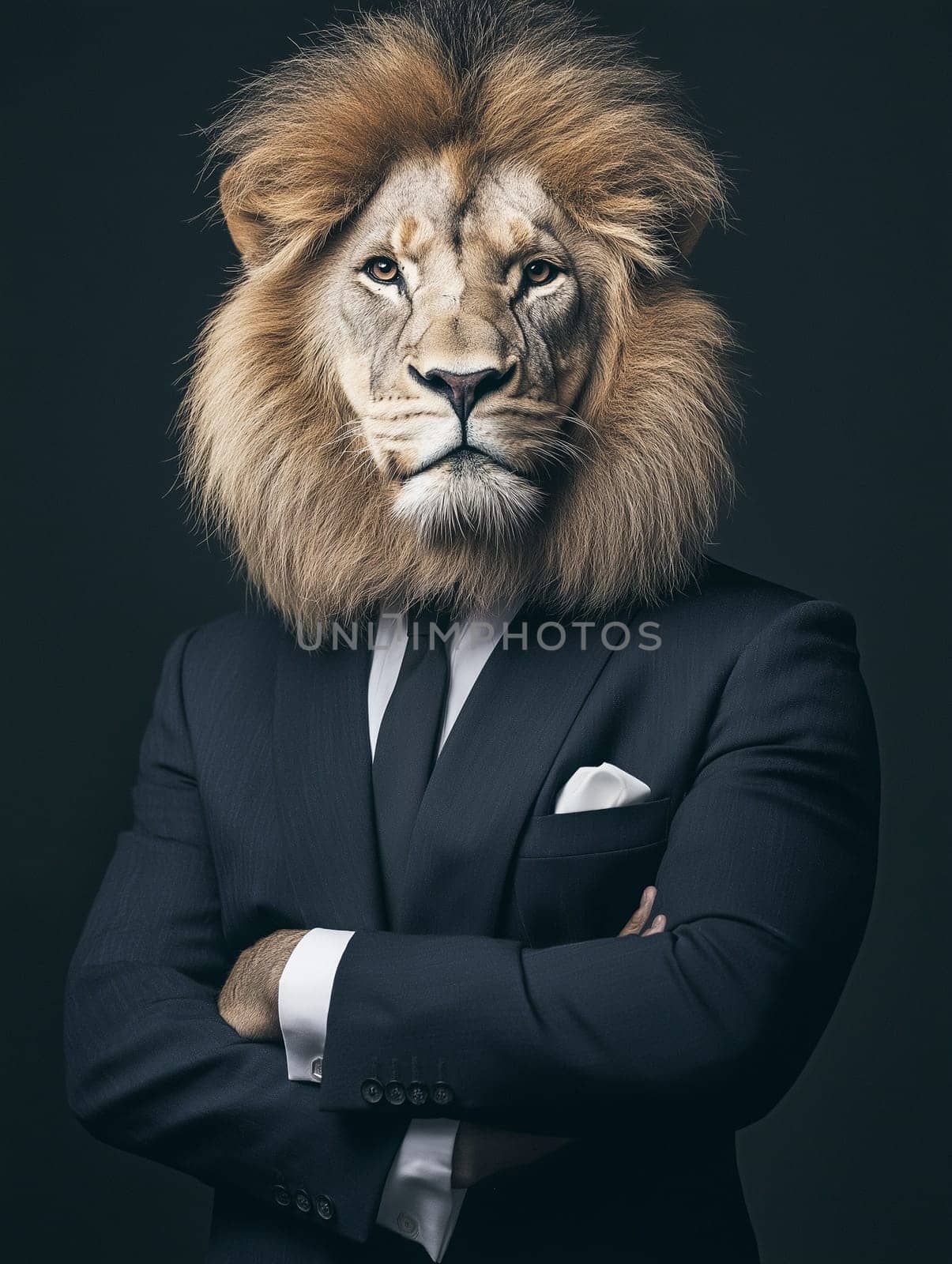 A man in a suit, arms crossed, has a lion's head. Powerful, confident, perhaps a leader.