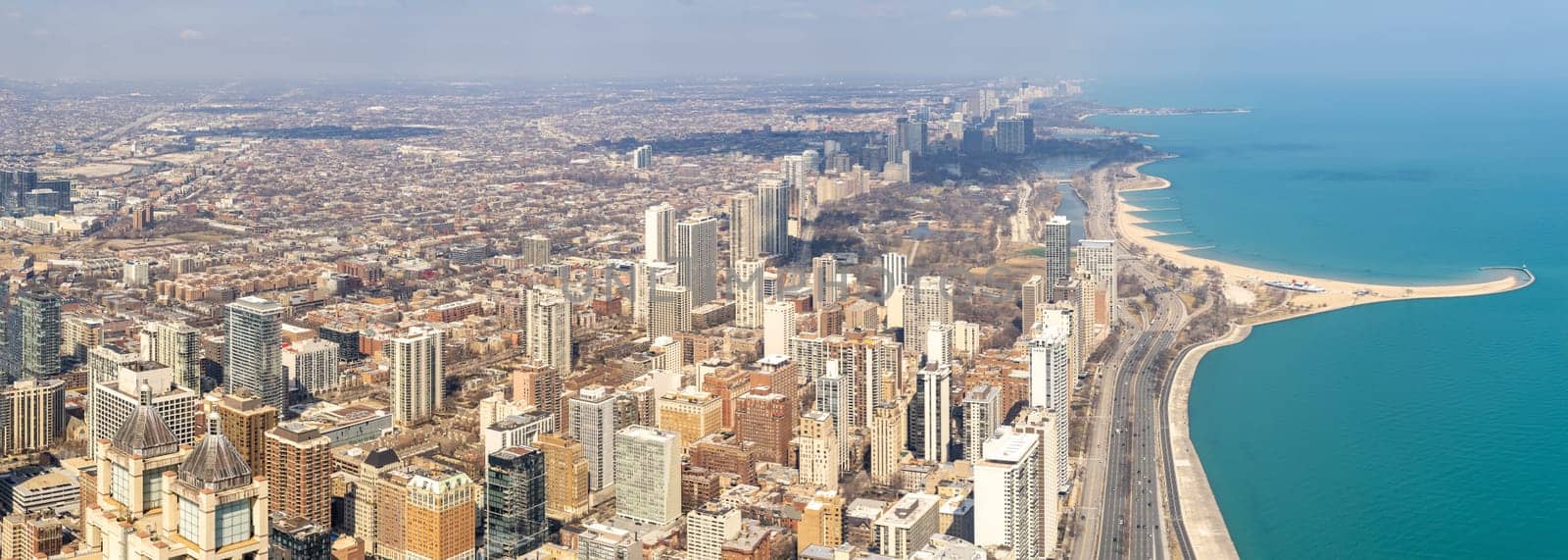 Panorama aerial view of Chicago downtown Cityscape skylines and skyscrapers office building with Lake Michigan in Chicago city Illinois USA.