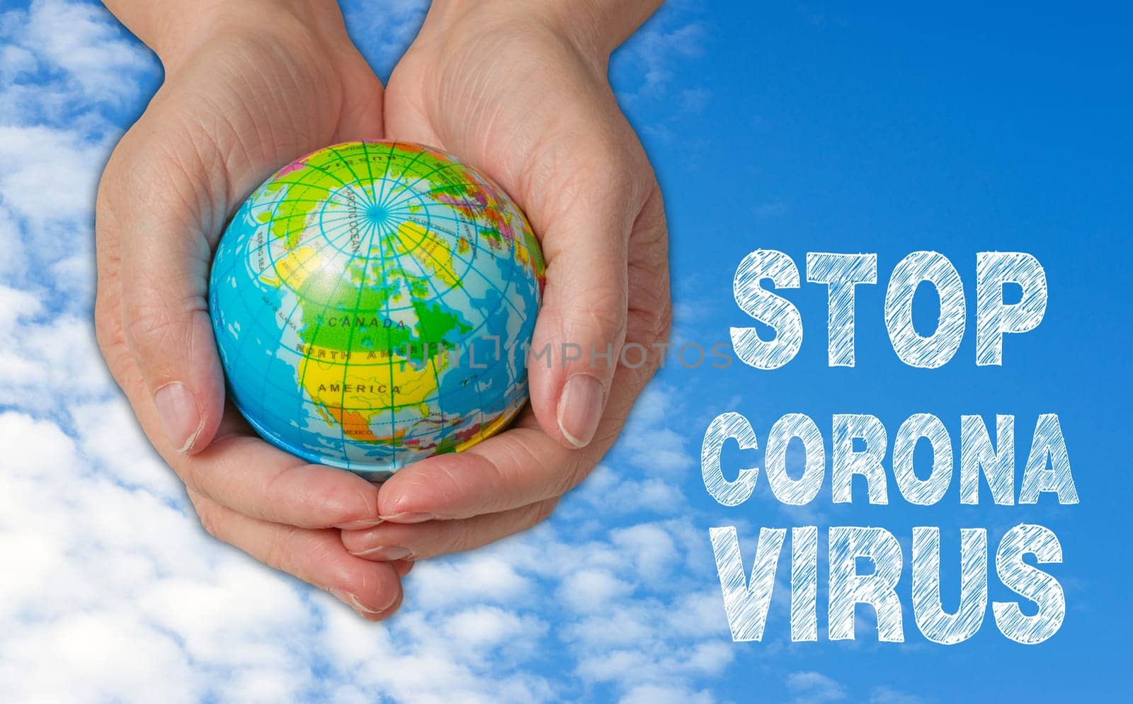 Female hands with globe, stop corona virus