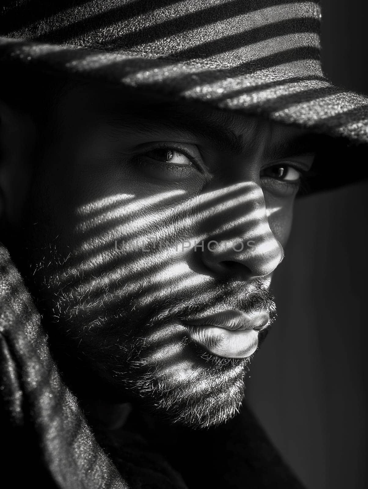 Close-up of a man, possibly a model, with a thoughtful expression. Striking shadows create a dramatic effect. The lighting highlights facial features.
