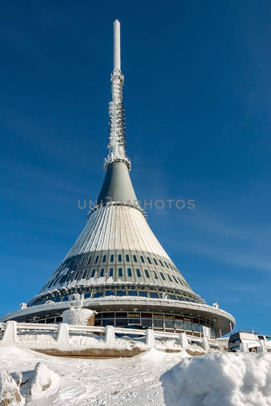 Czech Republic - Liberec - transmitter Jested in winter - beautiful sunny day. A large white buildingundefined