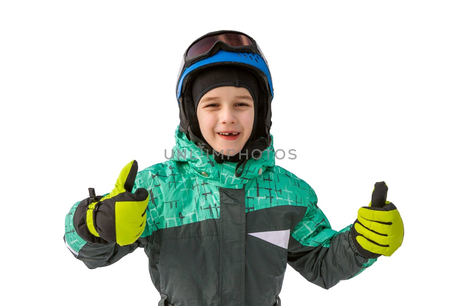 little boy on mountains in ski helmet with fallen first tooth, Czech Republic - isolated white background