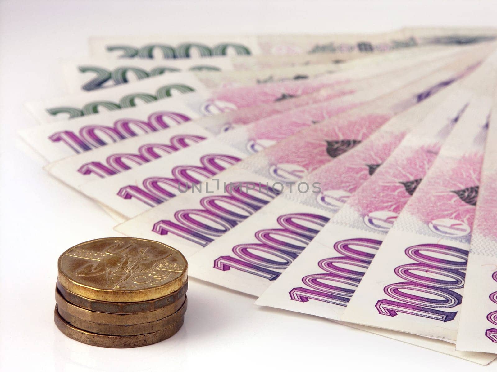 Czech money on white background - detail photo