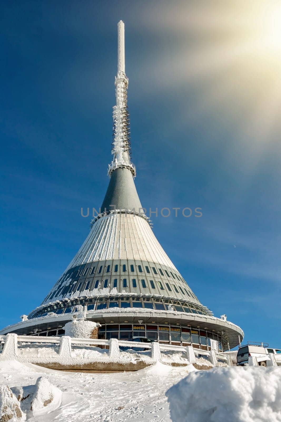 Czech Republic - Liberec - transmitter Jested in winter - beautiful sunny day. A large white buildingundefined