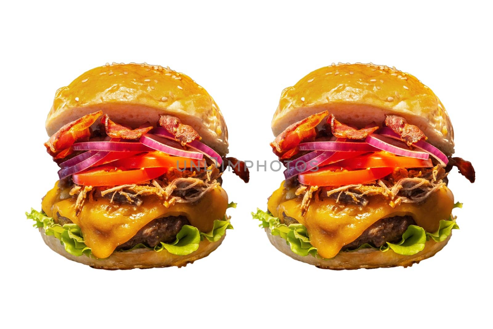 Close-up of home made tasty burgers on white background isolated.