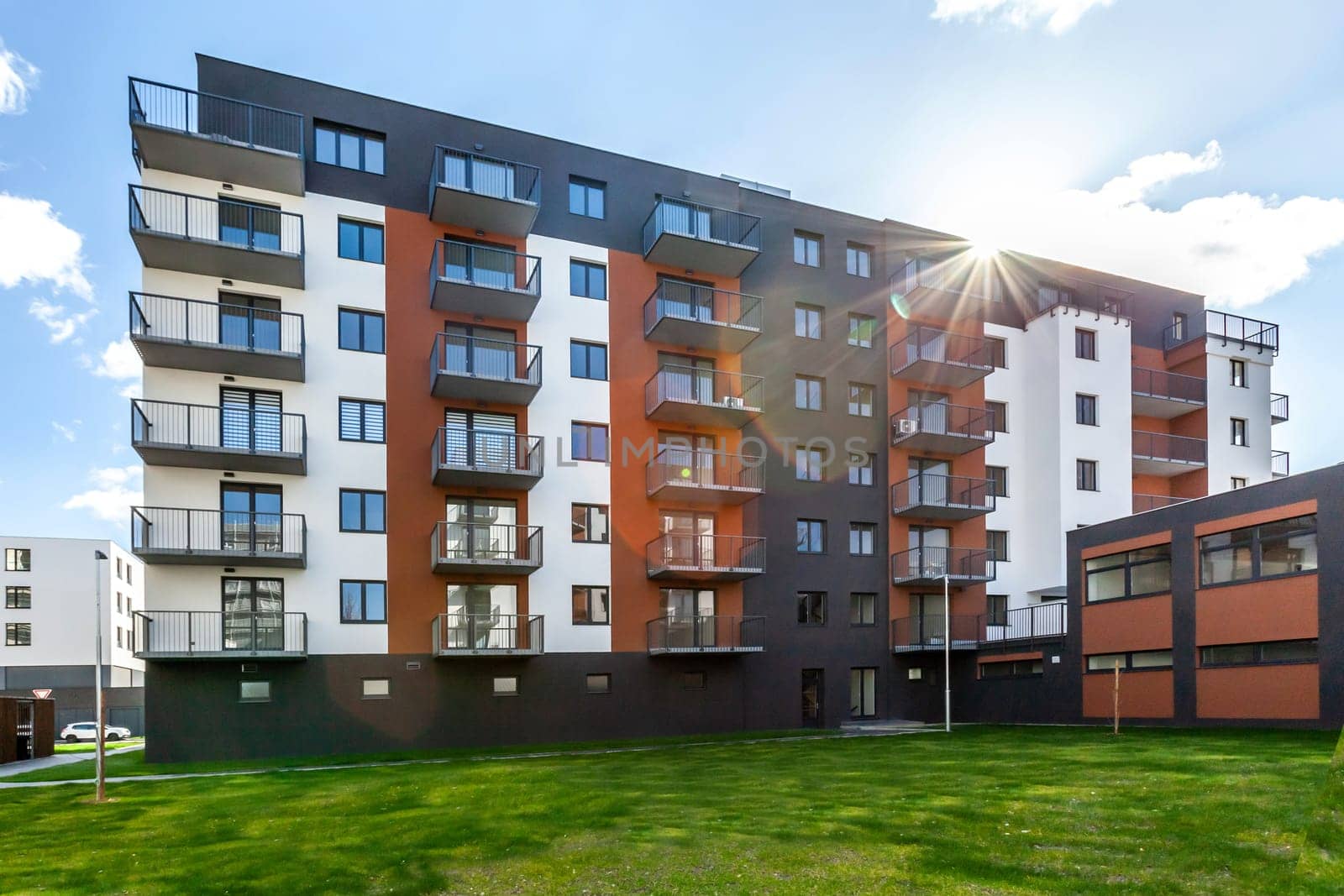 Exterior photo shoot in a modern apartment. High quality photo