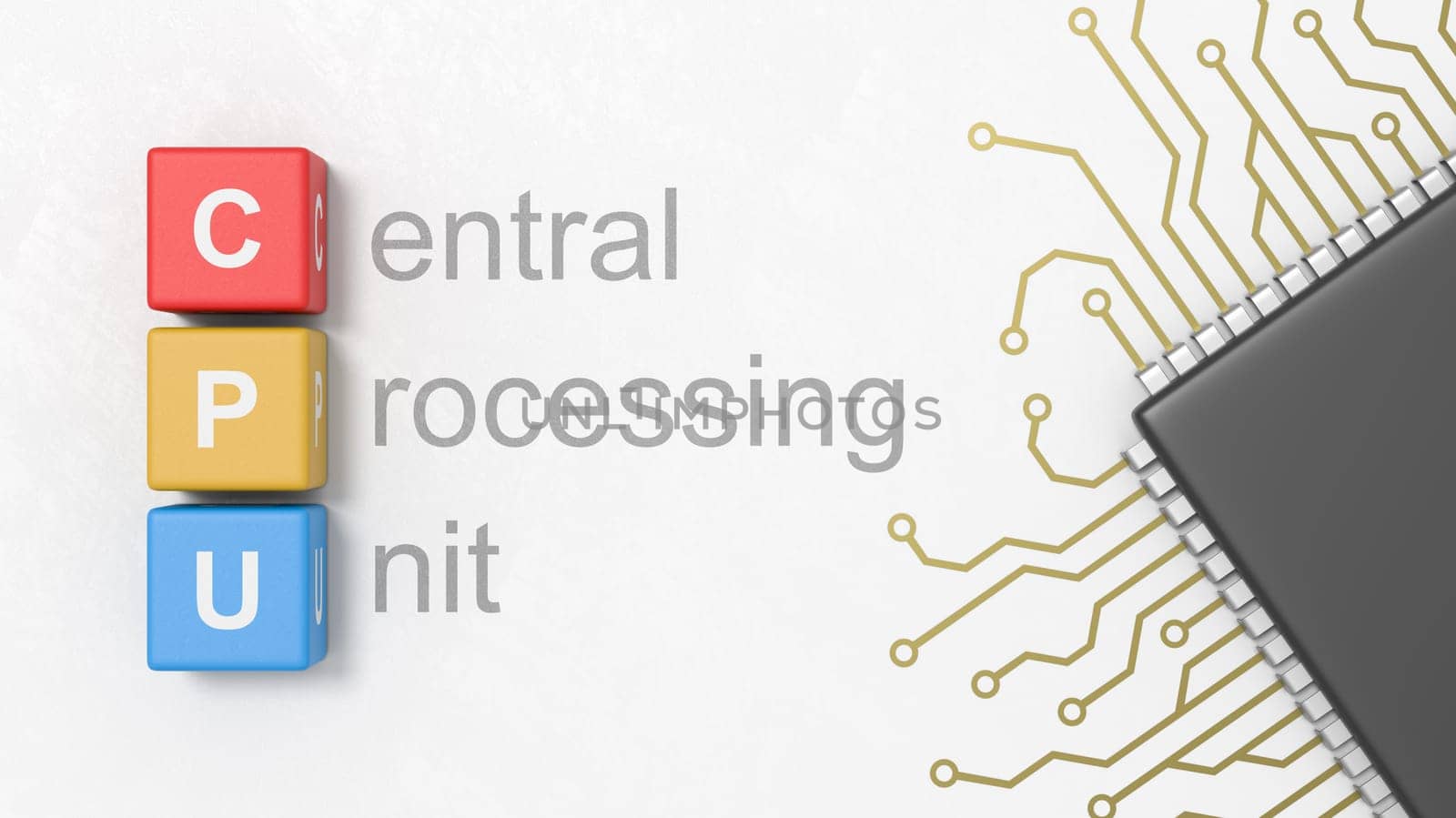 Black Central Processing Unit Text, CPU Colorful Cubes and Computer Microchip with Integrated Circuit on a Light Gray Plastered Background 3D Illustration