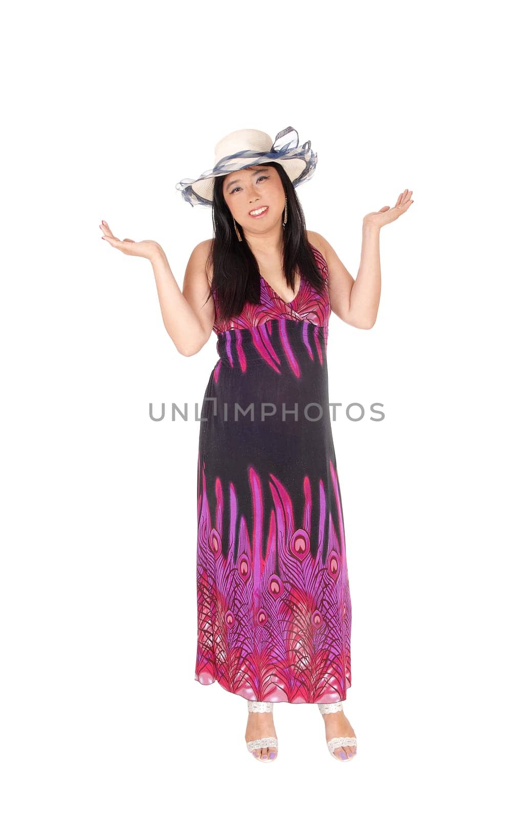 A beautiful young Asian woman standing in a dress and long black hair.holding her hands up, isolated for white background.
