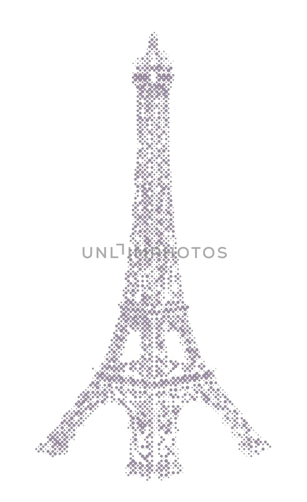 Eiffel Tower halftone illustration, desaturated purple dots on white background