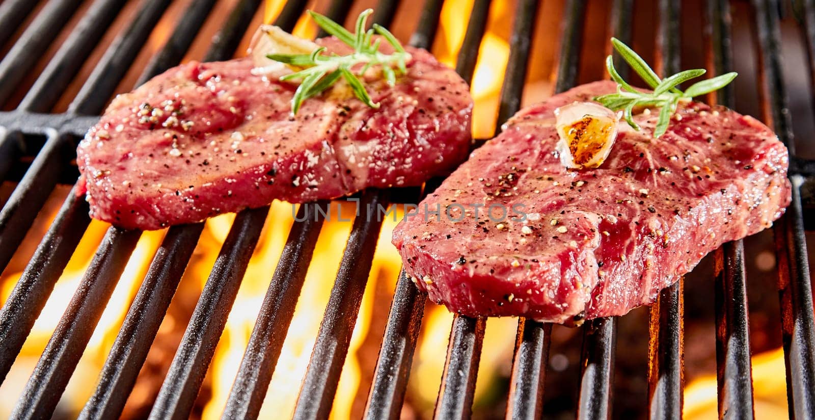 Two raw thick tender juicy beef steaks garnished with rosemary grilling over the glowing hot coals of a BBQ fire in close up
