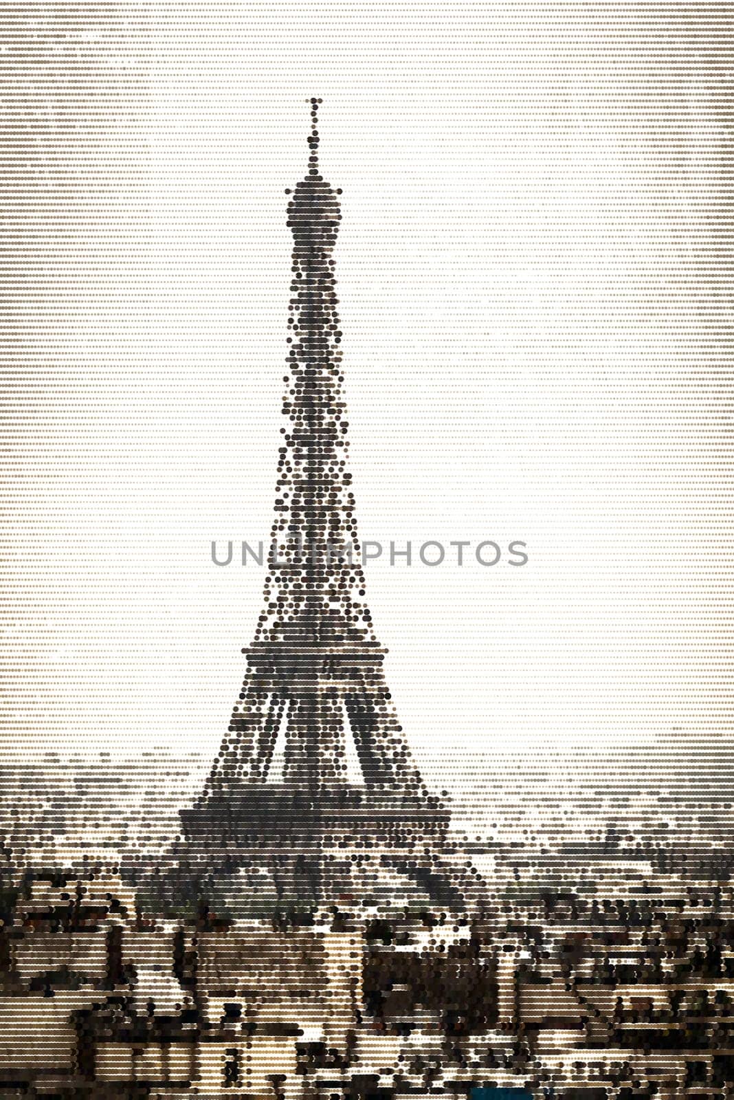 Halftone vector illustration of the Eiffel Tower in Paris, France. Retro look with dotted pattern and sepia tones.