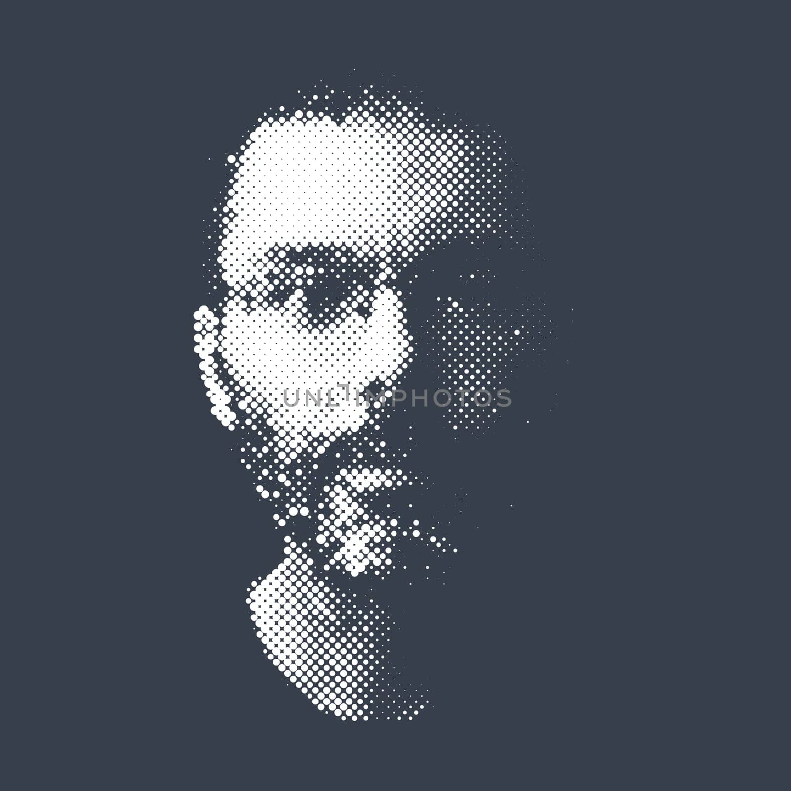 Halftone portrait of bearded man wearing glasses, dot pattern vector illustration