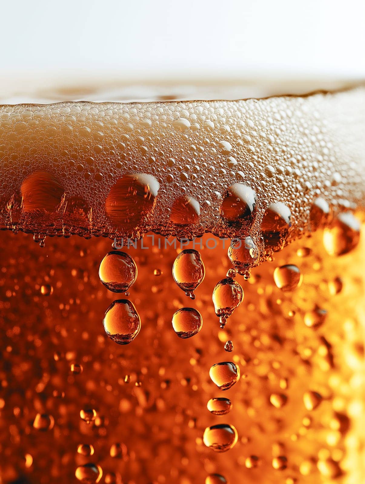 Bubbles of carbonated drink rise to the surface, creating a frothy top. The drink's amber hue is highlighted by the light.