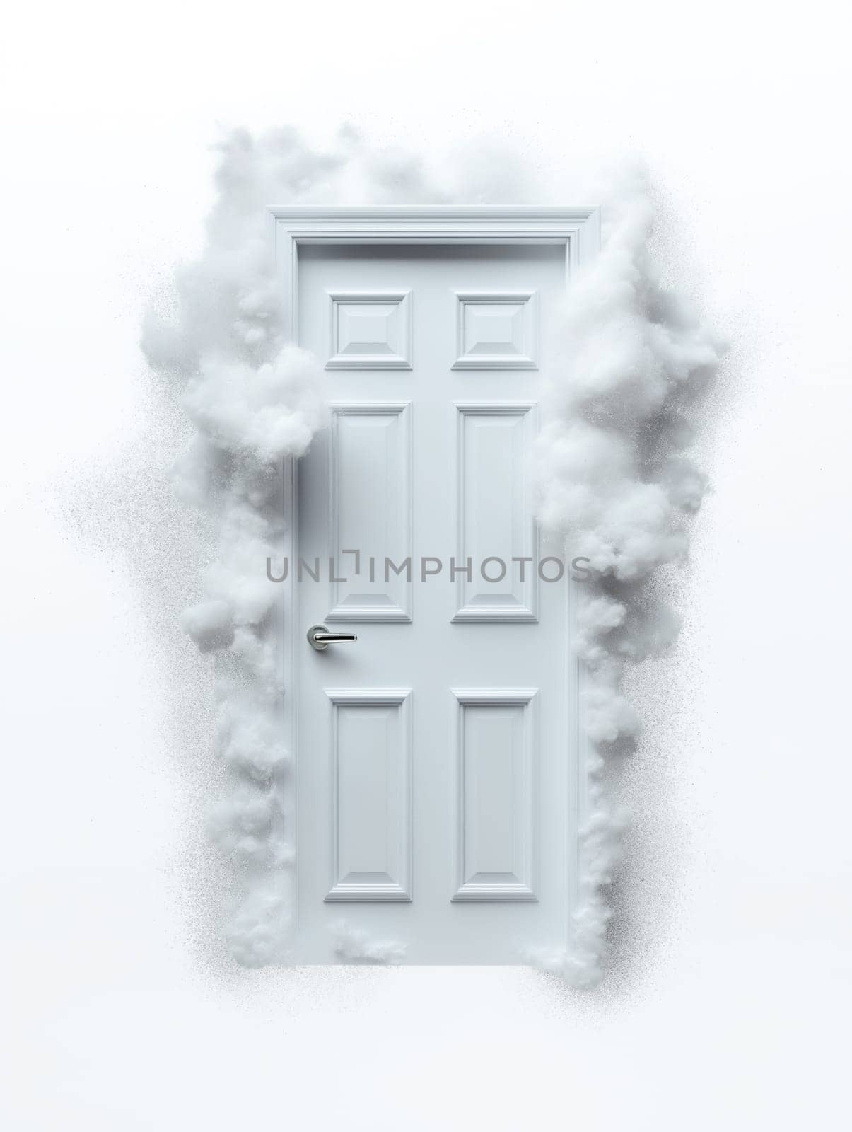 A white door, surrounded by a cloud of white particles, seemingly erupting from the wall. The door is untouched, suggesting a metaphorical concept of opportunity or a new beginning.