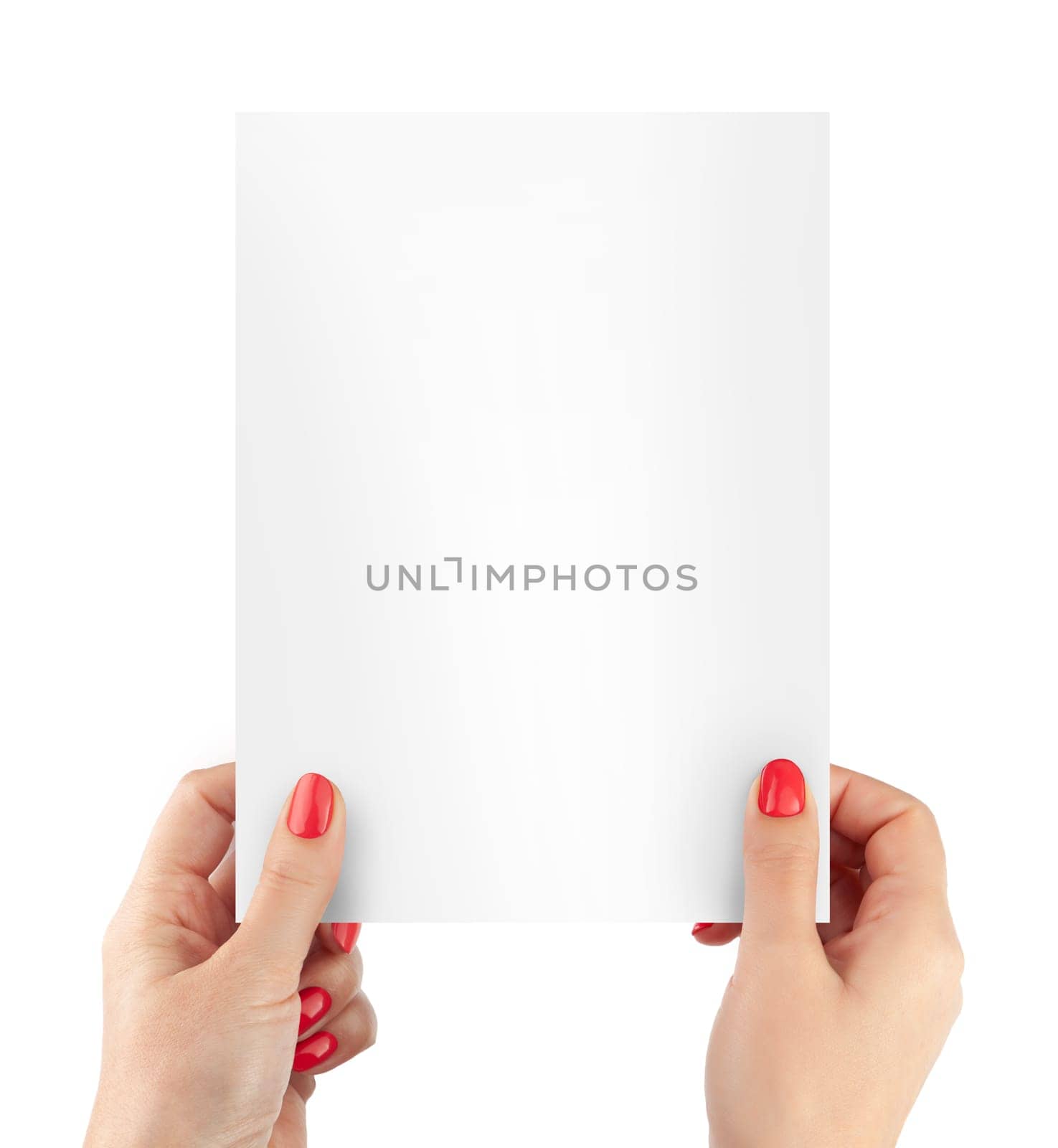 Woman hands holding blank paper sheet A4 size or letter paper isolated on white background. With cliping path elements