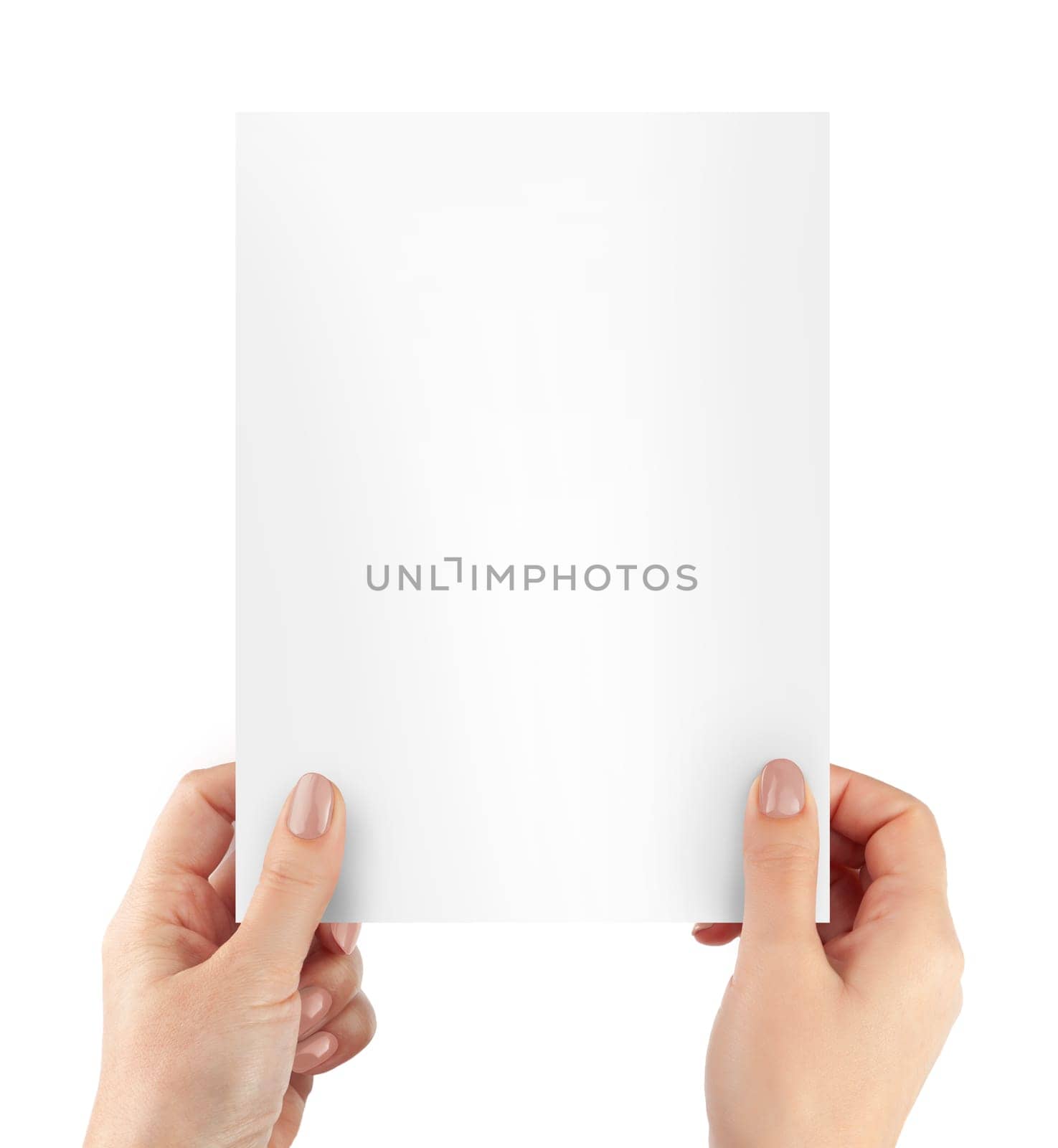 Woman hands holding blank paper sheet A4 size or letter paper isolated on white background. With cliping path elements