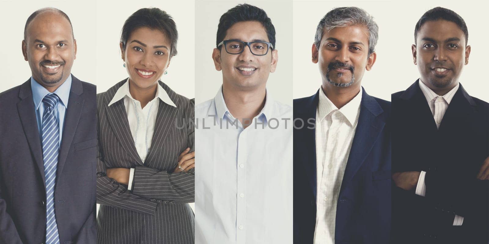 Collage portraits of Indian people, mixed age group of focused business professionals.