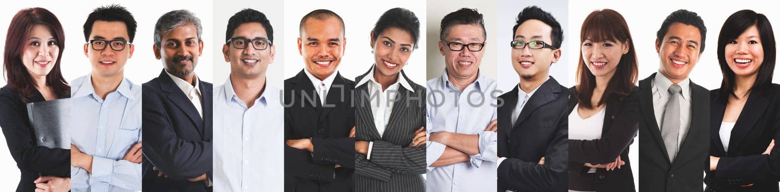 Collage portraits of diverse Asian people and mixed age group of focused business professionals.