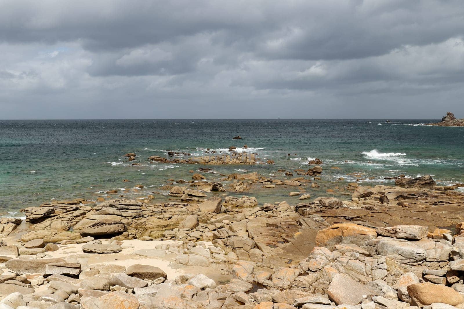 View of the Atlantic Ocean from the coast of Ile Grande in Pleumeur-Bodou, Brittany, France