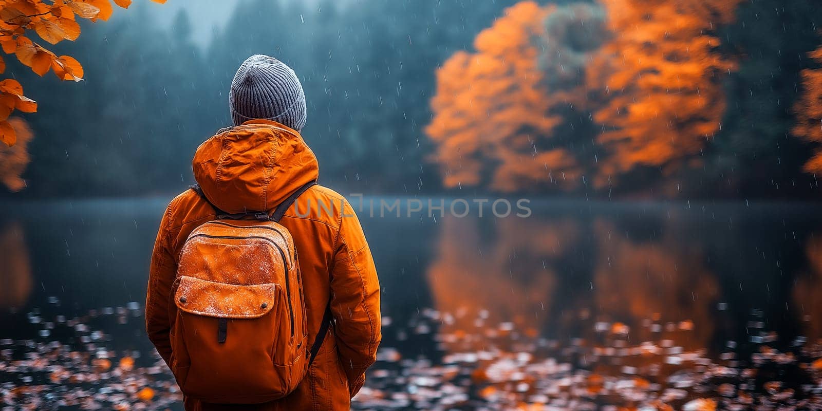 Person in orange rain jacket, backpack, looks out at rainy autumn lake. Autumnal colors, peaceful moment.